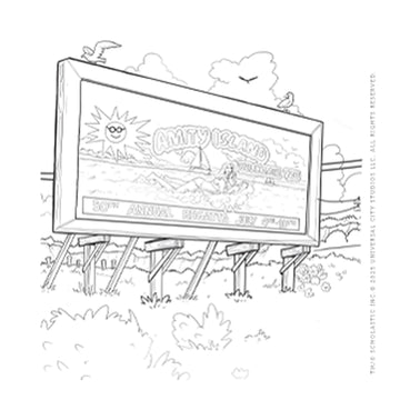 Blank Coloring Book page of a billboard with 'Amity Island' text, surrounded by nature from  the movie Jaws (1975)